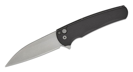 Pro-Tech 5301 Malibu Manual Flipper Knife 3.30" CPM-MagnaCut Stonewashed Wharncliffe Blade, Black Aluminum Handles , Button Lock