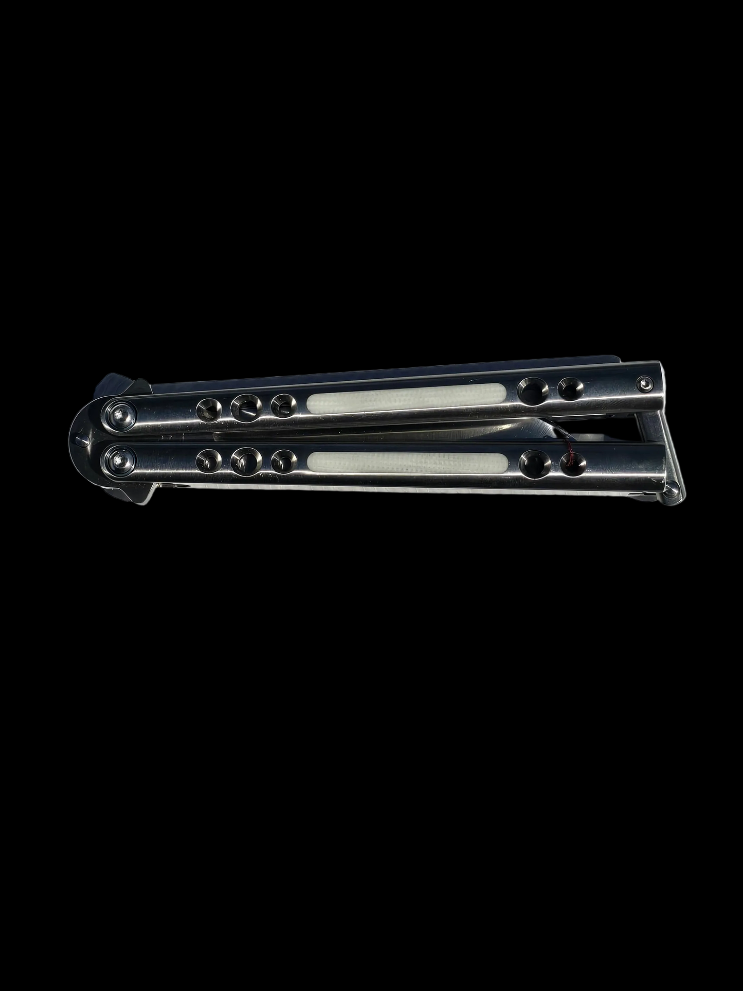 BaliBalistic ported and white G10 inlaid 1/2 inch thick titanium channel cut handles with a latch that are paired up to a Bowie clip point blade