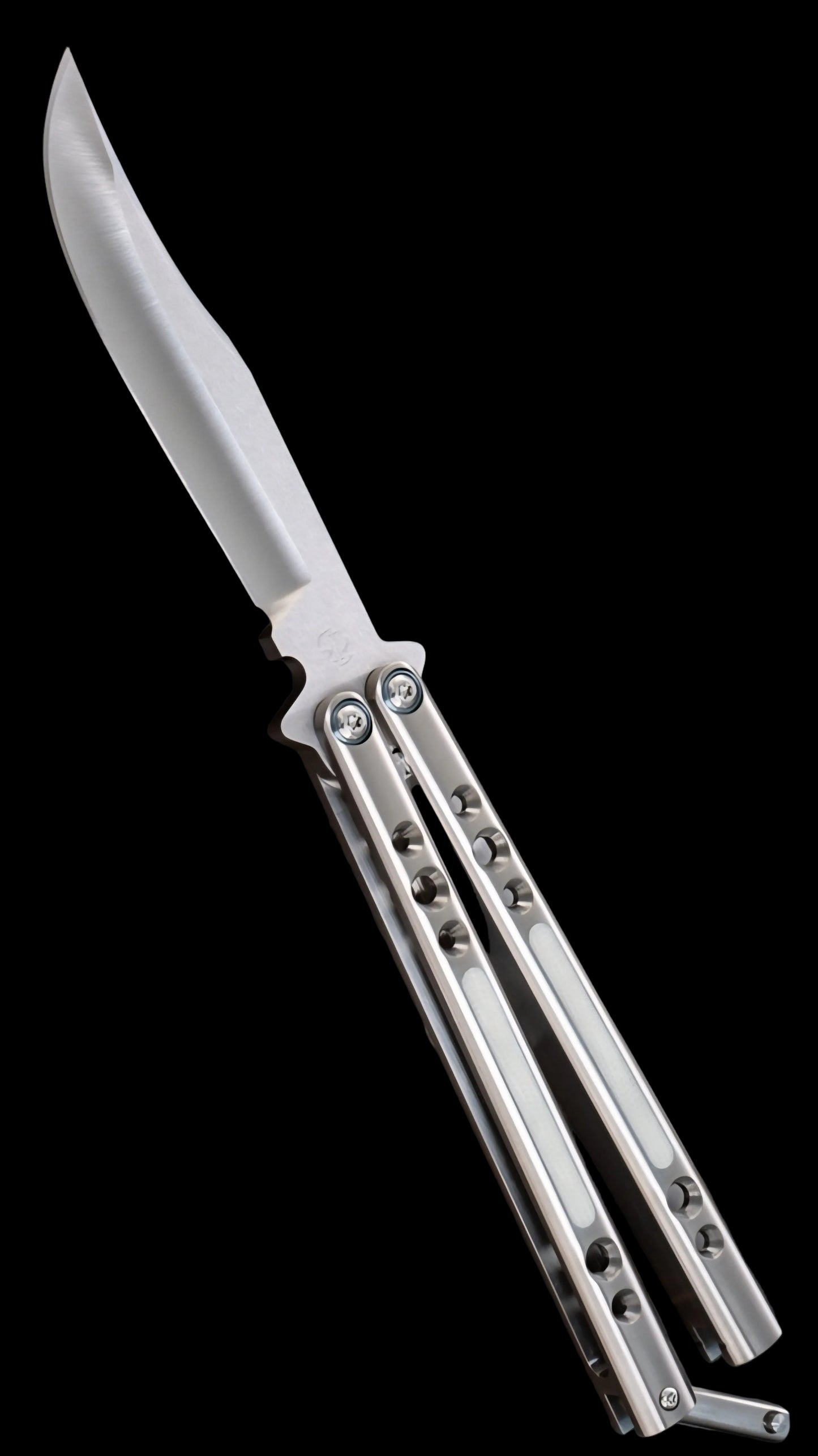 BaliBalistic ported and white G10 inlaid 1/2 inch thick titanium channel cut handles with a latch that are paired up to a Bowie clip point blade