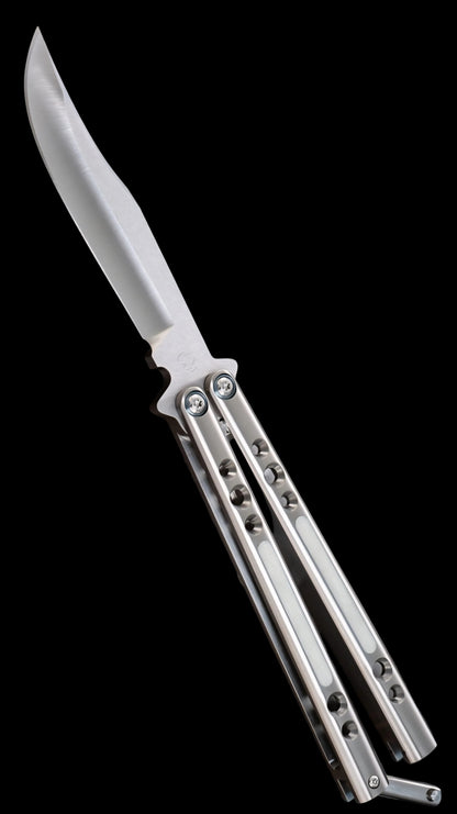 BaliBalistic ported and white G10 inlaid 1/2 inch thick titanium channel cut handles with a latch that are paired up to a Bowie clip point blade