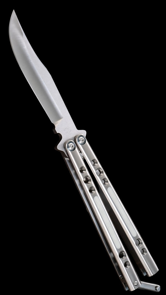 BaliBalistic ported and white G10 inlaid 1/2 inch thick titanium channel cut handles with a latch that are paired up to a Bowie clip point blade
