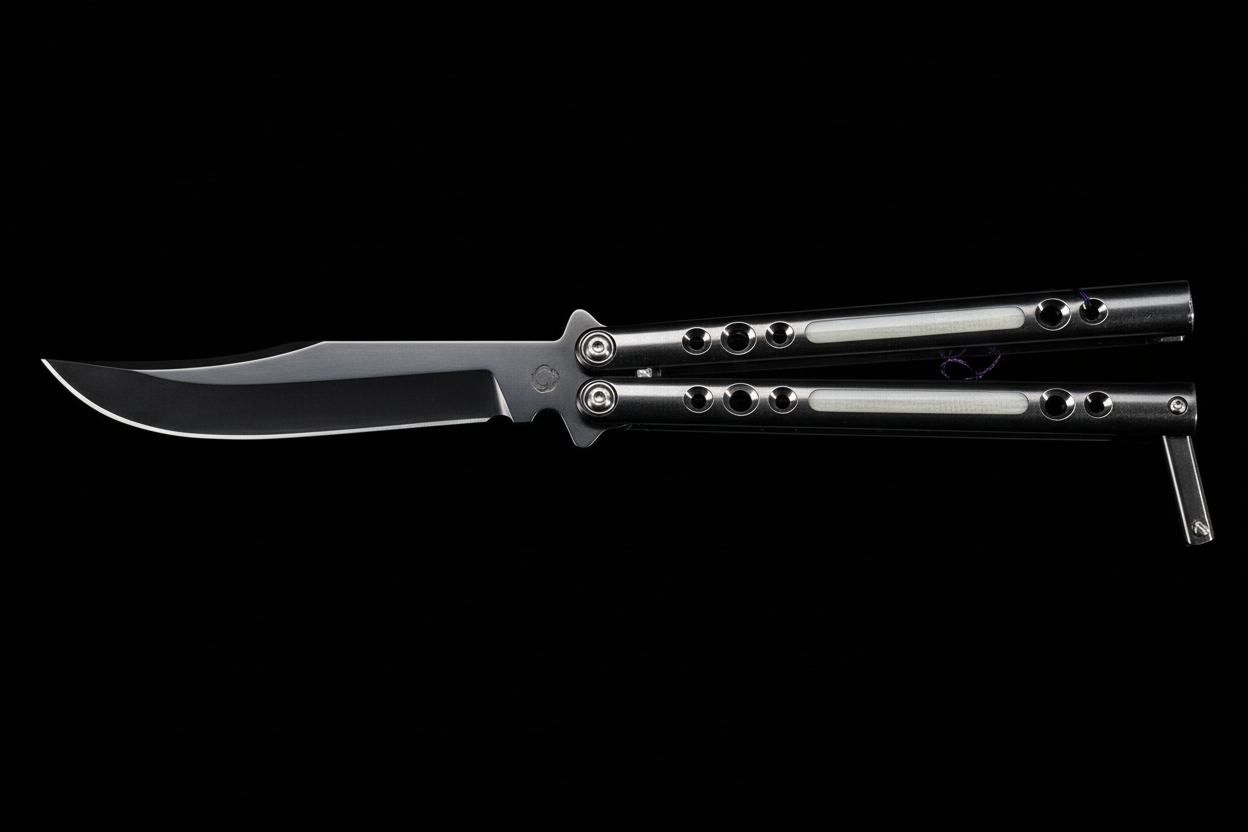 BaliBalistic ported and white G10 inlaid 1/2 inch thick titanium channel cut handles with a latch that are paired up to a Bowie clip point blade