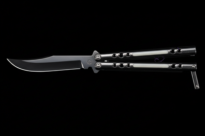 BaliBalistic ported and white G10 inlaid 1/2 inch thick titanium channel cut handles with a latch that are paired up to a Bowie clip point blade