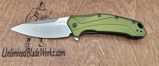 Kershaw 1776OLSW Link Assisted Flipper Knife 3.25" CPM-20CV Stonewashed Plain Blade, Olive Aluminum Handles, Liner Lock