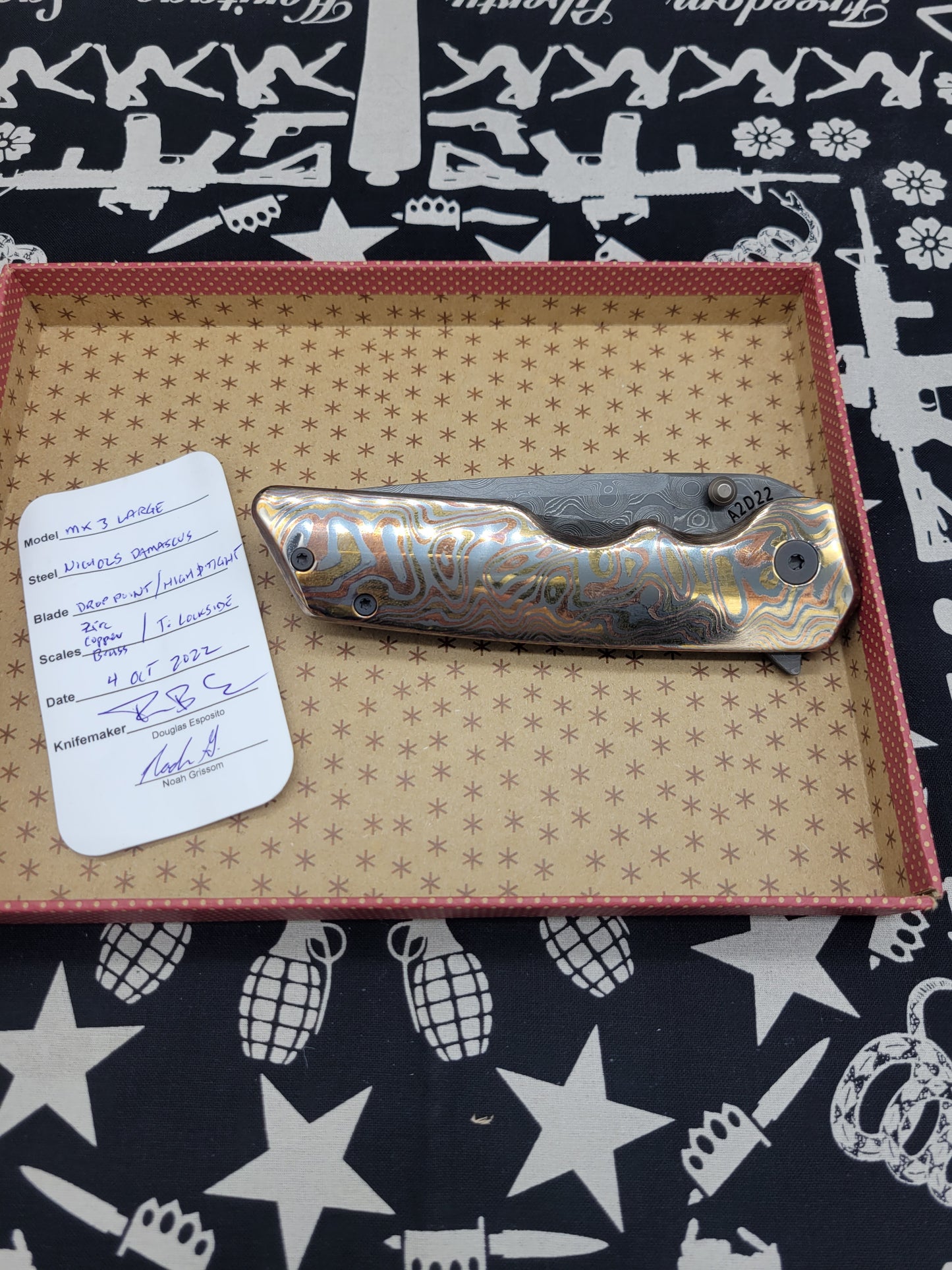 A2D MK3 LG Nichols Damascus Zirc/Cu/Brass – UnlimitedBladeworkz