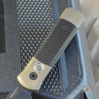 Pro-Tech 7115 Limited Edition Godson AUTO Folding Knife 3.15" 154CM Black DLC Blade, Stonewashed Bronze Aluminum Handles with Carbon Fiber Inlays