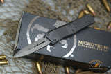 Microtech 138-16S Signature Series Troodon AUTO OTF 3.06" Damascus Double Edged Dagger Blade, Black Aluminum Handles