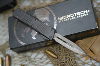 Microtech 138-16S Signature Series Troodon AUTO OTF 3.06" Damascus Double Edged Dagger Blade, Black Aluminum Handles