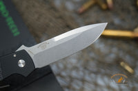 Pro-Tech Bob Terzuola ATCF AUTO Folding Knife 3.5" MagnaCut Stonewashed Drop Point Blade, Black Aluminum Handles with Textured Black G10 Inlays, Mother of Pearl Button - BT2704