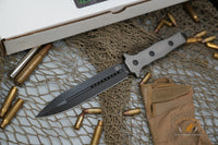 Heretic Knives Nephilim Fixed Blade Knife 6.5" Elmax Black DLC Double Edge Plain/Serrated Dagger, Flamed Titanium Handles, Nylon Sheath