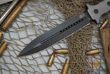 Heretic Knives Nephilim Fixed Blade Knife 6.5" Elmax Black DLC Double Edge Plain/Serrated Dagger, Flamed Titanium Handles, Nylon Sheath