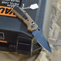 HK Exemplar Manual Folder: 3.25" Clip Point Blade (Partially Serrated) - Black Cerakote Finish, FDE G10 Frame