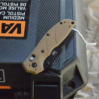 HK Exemplar Manual Folder: 3.25" Clip Point Blade (Partially Serrated) - Black Cerakote Finish, FDE G10 Frame