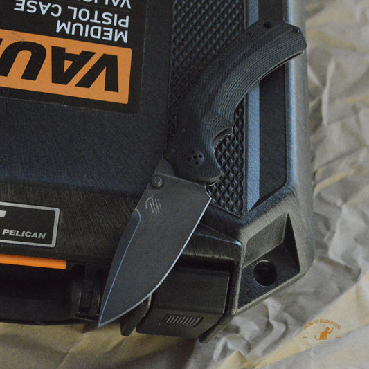 Bastinelli Creations Red IKBS Frame Lock Folding Knife 3.4" M390 Black PVD Stonewashed Drop Point Blade, Milled Black G10 Handle