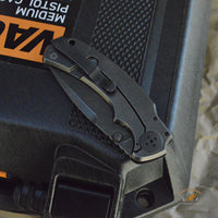 Bastinelli Creations Red IKBS Frame Lock Folding Knife 3.4" M390 Black PVD Stonewashed Drop Point Blade, Milled Black G10 Handle