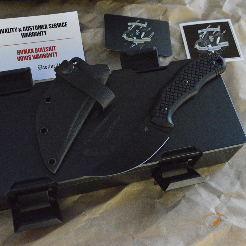 Bastinelli Creations Chopper Fixed Blade Knife 3.5" M390 Black PVD Trailing Point, 3D Machined Black G10 Handles, Kydex Sheath