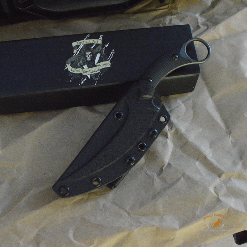 Bastinelli Creations Mako Fixed Blade Knife 4.625" N690Co Black PVD Stonewashed Plain, Black G10 Handles, Kydex Sheath
