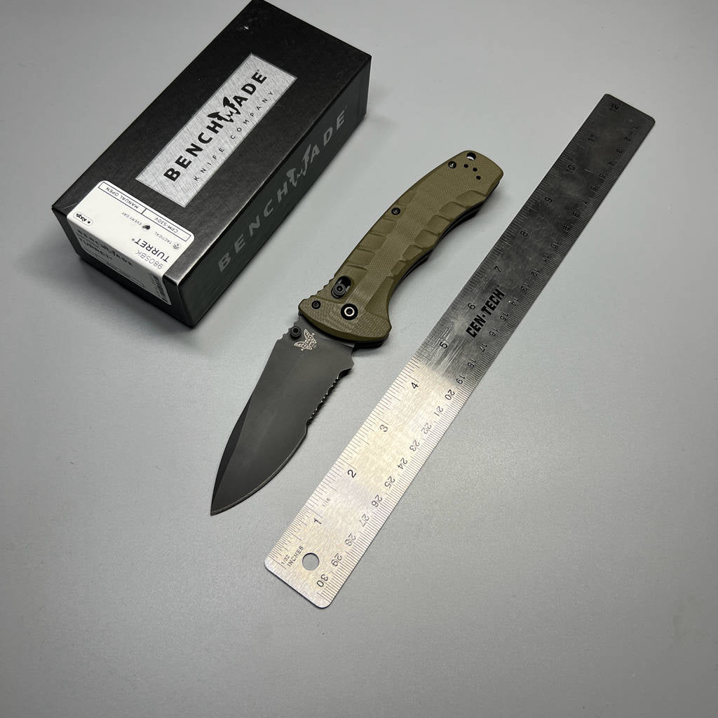 Benchmade Turret Folding Knife 3.7" S30V Black Combo Blade, Olive Drab G10 Handles - 980SBK