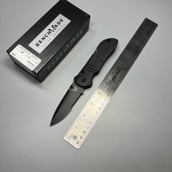 Benchmade Tactical Triage Rescue Folding Knife 3.48" S30V Black Combo Blade, Black G10 Handles, Safety Cutter, Glass Breaker - 917SBK