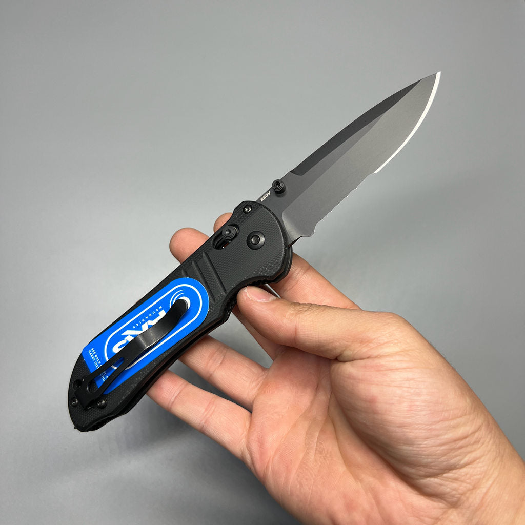 Benchmade Tactical Triage Rescue Folding Knife 3.48" S30V Black Combo Blade, Black G10 Handles, Safety Cutter, Glass Breaker - 917SBK