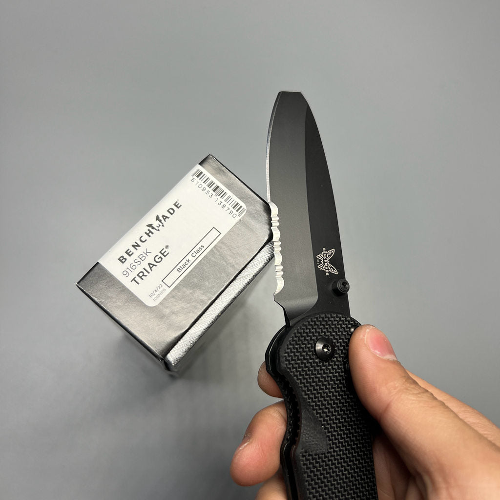 Benchmade Triage Rescue Folding Knife 3.5" Black Combo Blunt Tip Blade, Black G10 Handles, Safety Cutter, Glass Breaker - 916SBK