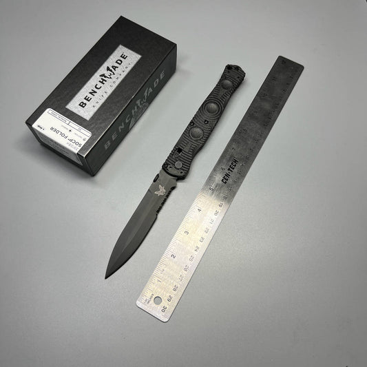 Benchmade Greg Thompson SOCP Folding Knife 4.47" D2 Black Cerakote Spear Point Combo Blade, Black CF-Elite Handles, Carbide Glass Breaker - 391SBK
