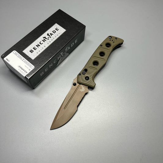 Benchmade 275SFE-2 Shane Sibert Adamas Folding Knife 3.78" CruWear Flat Dark Earth Combo Blade, OD Green G10 Handles, Ballistic Nylon Sheath