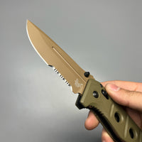 Benchmade 275SFE-2 Shane Sibert Adamas Folding Knife 3.78" CruWear Flat Dark Earth Combo Blade, OD Green G10 Handles, Ballistic Nylon Sheath
