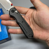 Benchmade Mini Freek Folding Knife 3" S90V Satin Plain Blade, Carbon Fiber Handles, True Red Accents - 565-1