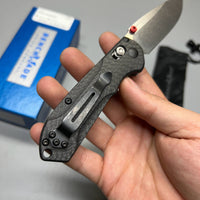 Benchmade Mini Freek Folding Knife 3" S90V Satin Plain Blade, Carbon Fiber Handles, True Red Accents - 565-1