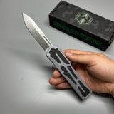 Heretic Knives Colossus OTF AUTO 3.5" CPM-MagnaCut Stonewashed Clip Point grey Aluminum Handles with Black Traction Inlays