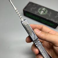 Heretic Knives Colossus OTF AUTO 3.5" CPM-MagnaCut Stonewashed Clip Point grey Aluminum Handles with Black Traction Inlays
