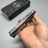 Heretic Knives Colossus OTF AUTO 3.5" CPM-MagnaCut Stonewashed Clip Point grey Aluminum Handles with Black Traction Inlays