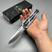 Heretic Knives Colossus OTF AUTO 3.5" CPM-MagnaCut Stonewashed Clip Point grey Aluminum Handles with Black Traction Inlays