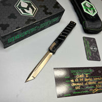 Heretic Knives Cleric II 2 Vegas Forge 3V Tanto Bronze Damascus & Crocodile Inlays w/ Bronze Button/Hardware/Ti Clip