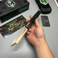 Heretic Knives Cleric II 2 Vegas Forge 3V Tanto Bronze Damascus & Crocodile Inlays w/ Bronze Button/Hardware/Ti Clip