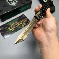 Heretic Knives Cleric II 2 Vegas Forge 3V Tanto Bronze Damascus & Crocodile Inlays w/ Bronze Button/Hardware/Ti Clip