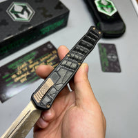 Heretic Knives Cleric II 2 Vegas Forge 3V Tanto Bronze Damascus & Crocodile Inlays w/ Bronze Button/Hardware/Ti Clip