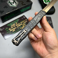 Heretic Knives Cleric II 2 Vegas Forge 3V Tanto Bronze Damascus & Crocodile Inlays w/ Bronze Button/Hardware/Ti Clip