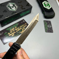 Heretic Knives Cleric II 2 Vegas Forge 3V Tanto Bronze Damascus & Crocodile Inlays w/ Bronze Button/Hardware/Ti Clip