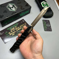 Heretic Knives Cleric II 2 Vegas Forge 3V Tanto Bronze Damascus & Crocodile Inlays w/ Bronze Button/Hardware/Ti Clip