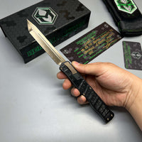 Heretic Knives Cleric II 2 Vegas Forge 3V Tanto Bronze Damascus & Crocodile Inlays w/ Bronze Button/Hardware/Ti Clip