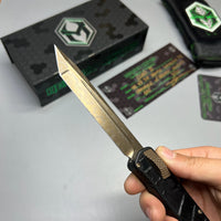 Heretic Knives Cleric II 2 Vegas Forge 3V Tanto Bronze Damascus & Crocodile Inlays w/ Bronze Button/Hardware/Ti Clip