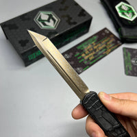 Heretic Knives Cleric II 2 Vegas Forge 3V Tanto Bronze Damascus & Crocodile Inlays w/ Bronze Button/Hardware/Ti Clip