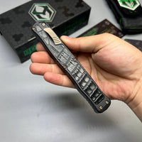 Heretic Knives Cleric II 2 Vegas Forge 3V Tanto Bronze Damascus & Crocodile Inlays w/ Bronze Button/Hardware/Ti Clip