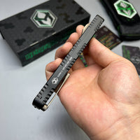 Heretic Knives Cleric II 2 Vegas Forge 3V Tanto Bronze Damascus & Crocodile Inlays w/ Bronze Button/Hardware/Ti Clip