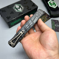 Heretic Knives Cleric II 2 Vegas Forge 3V Tanto Bronze Damascus & Crocodile Inlays w/ Bronze Button/Hardware/Ti Clip