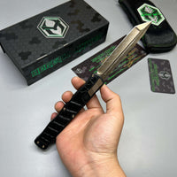 Heretic Knives Cleric II 2 Vegas Forge 3V Tanto Bronze Damascus & Crocodile Inlays w/ Bronze Button/Hardware/Ti Clip