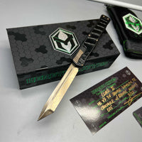 Heretic Knives Cleric II 2 Vegas Forge 3V Tanto Bronze Damascus & Crocodile Inlays w/ Bronze Button/Hardware/Ti Clip