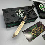 Heretic Knives Cleric II 2 Vegas Forge 3V Tanto Bronze Damascus & Crocodile Inlays w/ Bronze Button/Hardware/Ti Clip